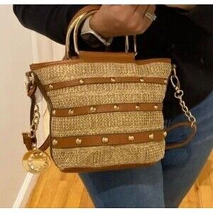 NEW Jessica Simpson Women's Crossbody Handbag Brown Rattan Faux Leather Studded